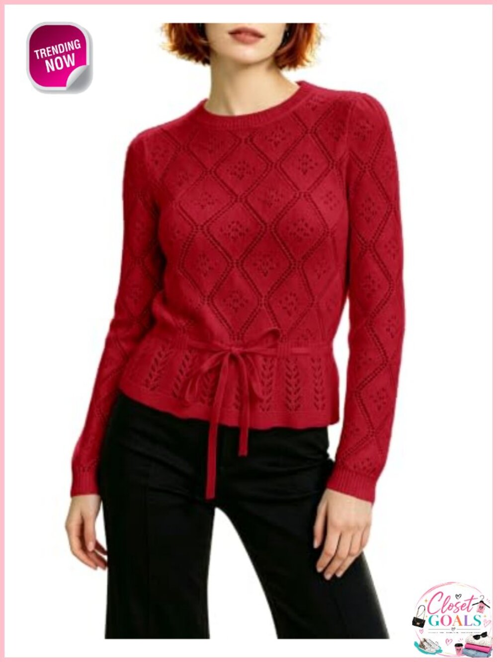 Women Diamond Hollow Long Sleeve Tie-Waist Knit Sweater Pullover